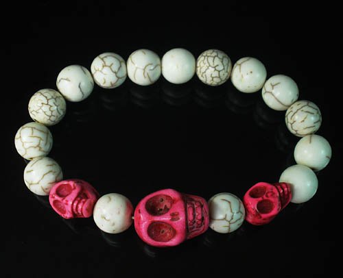 Turquoise Colorful Hot Pink Skull Beads White Veins Ball Beads Stretch Bracelet ZZ2136