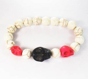 Turquoise Colorful Black Red Skull Beads White Veins Ball Beads Stretch Bracelet ZZ2139