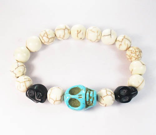 Turquoise Colorful Black Baby Blue Skull Beads White Veins Ball Beads Stretch Bracelet ZZ2140