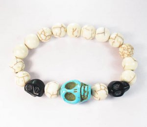 Turquoise Colorful Black Baby Blue Skull Beads White Veins Ball Beads Stretch Bracelet ZZ2140