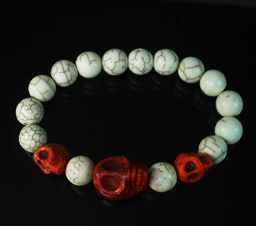 Turquoise Colorful Red Skull Beads White Veins Ball Beads Stretch Bracelet ZZ2141