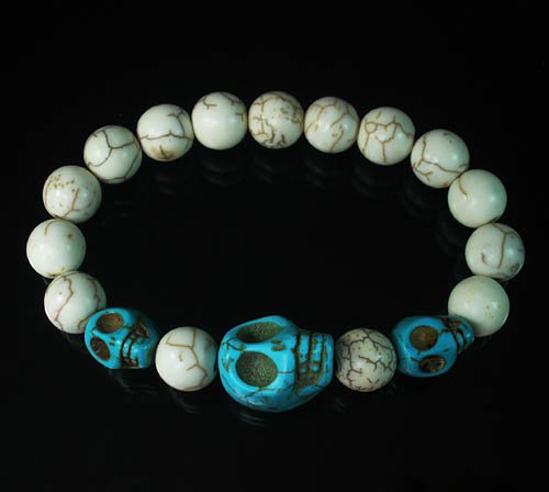 Turquoise Colorful Baby Blue Skull Beads White Veins Ball Beads Stretch Bracelet ZZ2142