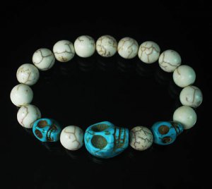 Turquoise Colorful Baby Blue Skull Beads White Veins Ball Beads Stretch Bracelet ZZ2142