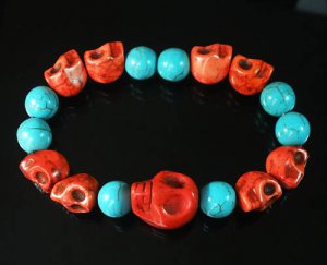 Turquoise Colorful Red Skull Beads Baby Blue Veins Ball Beads Stretch Bracelet ZZ2154