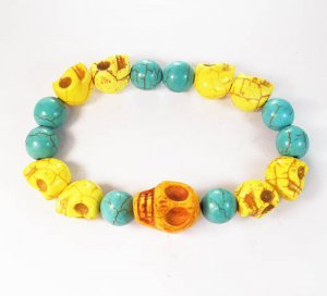 Turquoise Colorful Yellow Skull Beads Blue Veins Ball Beads Stretch Bracelet ZZ2157