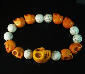 Turquoise Colorful Orange Skull Beads White Veins Ball Beads Stretch Bracelet ZZ2160