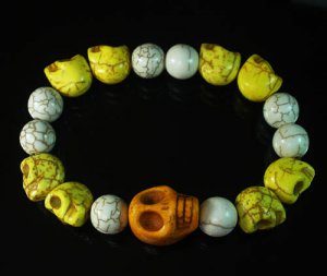 Turquoise Colorful Yellow Skull Beads White Veins Ball Beads Stretch Bracelet ZZ2162