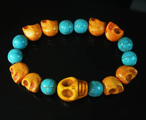 Turquoise Colorful Orange Skull Beads Blue Veins Ball Beads Stretch Bracelet ZZ2163