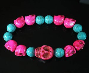Turquoise Colorful Hot Pink Skull Beads Blue Veins Ball Beads Stretch Bracelet ZZ2165