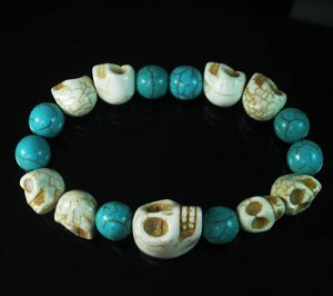 Turquoise Colorful White Skull Beads Blue Veins Ball Beads Stretch Bracelet ZZ2168