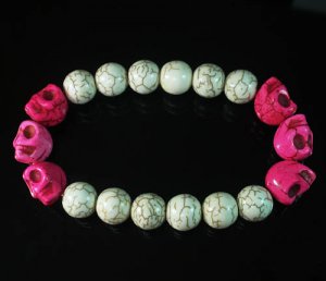 Turquoise Colorful Hot Pink Skull Beads White Veins Ball Beads Stretch Bracelet ZZ2170
