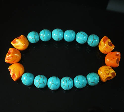 Turquoise Colorful Orange Skull Beads Blue Veins Ball Beads Stretch Bracelet ZZ2182