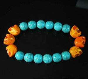 Turquoise Colorful Orange Skull Beads Blue Veins Ball Beads Stretch Bracelet ZZ2182