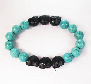 Turquoise Colorful Black Skull Beads Blue Veins Ball Beads Stretch Bracelet ZZ2184