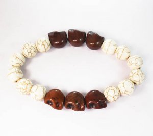 Turquoise Colorful Brown Skull Beads White Veins Ball Beads Stretch Bracelet ZZ2187