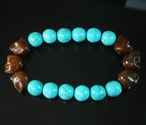Turquoise Colorful Brown Skull Beads Blue Veins Ball Beads Stretch Bracelet ZZ2188