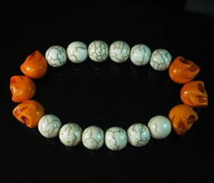 Turquoise Colorful Orange Skull Beads White Veins Ball Beads Stretch Bracelet ZZ2189