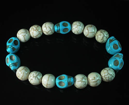 Turquoise Colorful Blue Skull Beads White Veins Ball Beads Stretch Bracelet ZZ2191