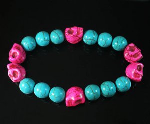 Turquoise Colorful Hot Pink Skull Beads Blue Veins Ball Beads Stretch Bracelet ZZ2192