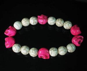 Turquoise Colorful Hot Pink Skull Beads White Veins Ball Beads Stretch Bracelet ZZ2194