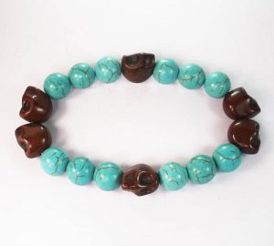 Turquoise Colorful Brown Skull Beads Blue Veins Ball Beads Stretch Bracelet ZZ2195
