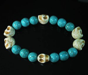 Turquoise Colorful White Skull Beads Blue Veins Ball Beads Stretch Bracelet ZZ2198