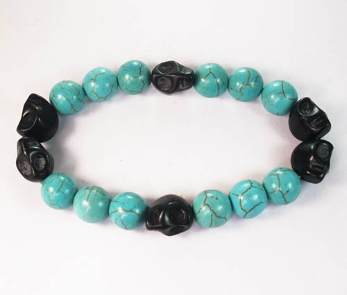 Turquoise Colorful Black Skull Beads Blue Veins Ball Beads Stretch Bracelet ZZ2204