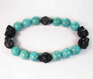 Turquoise Colorful Black Skull Beads Blue Veins Ball Beads Stretch Bracelet ZZ2204