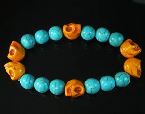 Turquoise Colorful Orange Skull Beads Blue Veins Ball Beads Stretch Bracelet ZZ2206