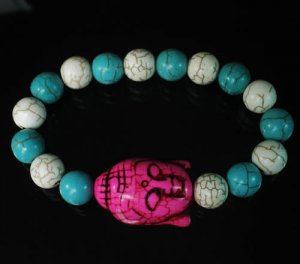 Turquoise Hot Pink Buddha Beads White Baby Blue Veins Ball Beads Bracelet ZZ2217
