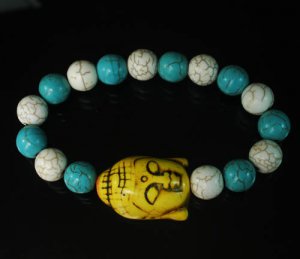 Turquoise Yellow Buddha Beads White Baby Blue Veins Ball Beads Bracelet ZZ2220