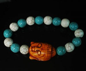 Turquoise Orange Buddha Beads White Baby Blue Veins Ball Beads Bracelet ZZ2222