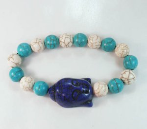 Turquoise Blue Buddha Beads White Baby Blue Veins Ball Beads Bracelet ZZ2223