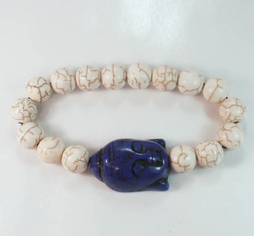 Turquoise Dark Blue Buddha Bead White Veins Ball Beads Stretch Bracelet ZZ2224