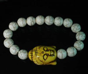 Turquoise Yellow Buddha Bead White Veins Ball Beads Stretch Bracelet ZZ2227