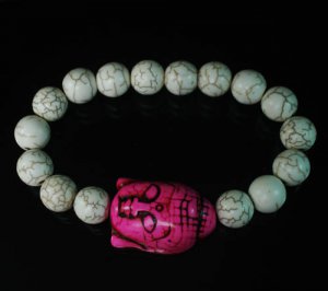 Turquoise Hot Pink Buddha Bead White Veins Ball Beads Stretch Bracelet ZZ2228