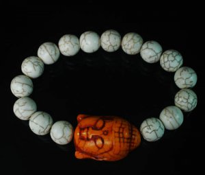 Turquoise Orange Buddha Bead White Veins Ball Beads Stretch Bracelet ZZ2230