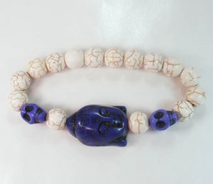 Turquoise Dark Blue Buddha Skull Beads White Veins Ball Beads Stretch Bracelet ZZ2231