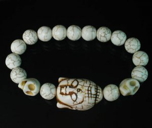 Turquoise White Buddha Skull Beads White Veins Ball Beads Stretch Bracelet ZZ2232