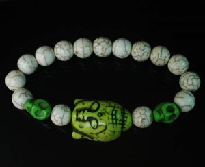 Turquoise Green Buddha Skull Beads White Veins Ball Beads Stretch Bracelet ZZ2233