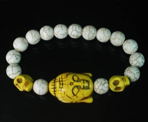 Turquoise Yellow Buddha Skull Beads White Veins Ball Beads Stretch Bracelet ZZ2234