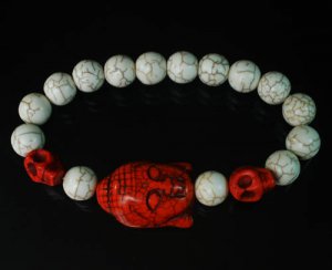 Turquoise Red Buddha Skull Beads White Veins Ball Beads Stretch Bracelet ZZ2235