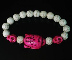 Turquoise Hot Pink Buddha Skull Beads White Veins Ball Beads Stretch Bracelet ZZ2237