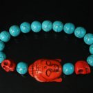 Turquoise Red Buddha Skull Beads Blue Veins Ball Beads Stretch Bracelet ZZ2239