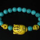 Turquoise Yellow Buddha Skull Beads Blue Veins Ball Beads Stretch Bracelet ZZ2240