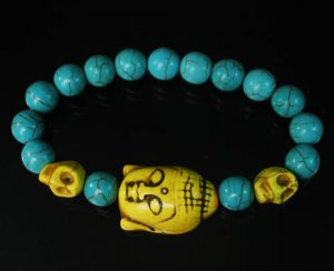 Turquoise Yellow Buddha Skull Beads Blue Veins Ball Beads Stretch Bracelet ZZ2240