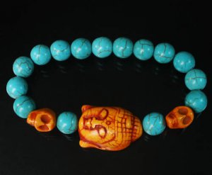 Turquoise Orange Buddha Skull Beads Blue Veins Ball Beads Stretch Bracelet ZZ2241