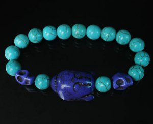 Turquoise Dark blue Buddha Skull Beads Blue Veins Ball Beads Stretch Bracelet ZZ2242