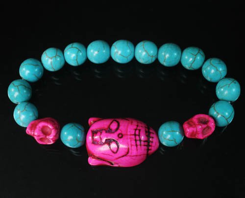 Turquoise Hot Pink Buddha Skull Beads Blue Veins Ball Beads Stretch Bracelet ZZ2243