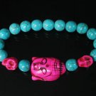 Turquoise Hot Pink Buddha Skull Beads Blue Veins Ball Beads Stretch Bracelet ZZ2243